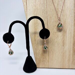 Danbury Mint Earrings & Necklace Rose Gold Tone Jade Green Diamond Drop Earrings